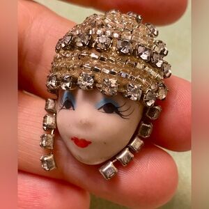 Vintage Art Deco porcelain Face Brooch with Clear Rhinestone Headdress